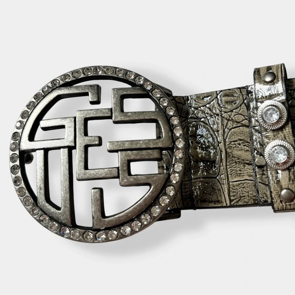 Guess Y2K Croc Embossed Faux Leather Rhinestone Belt Small